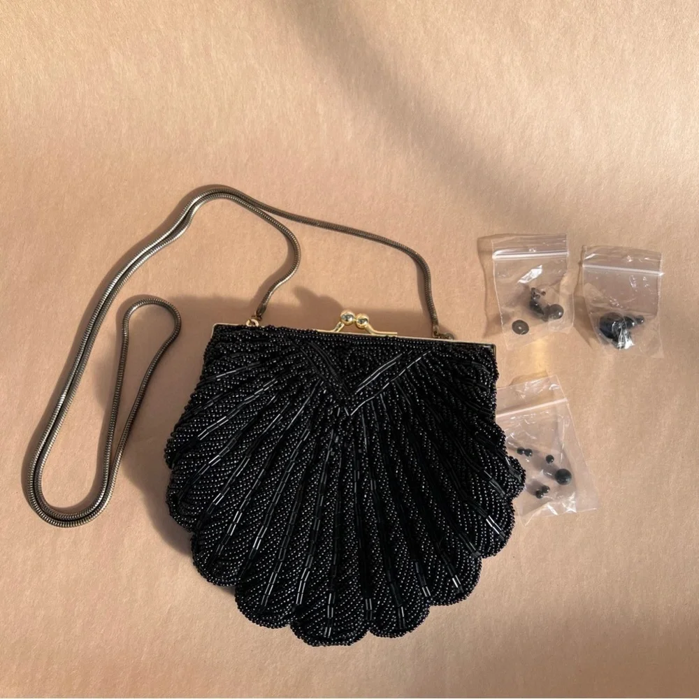 New Vintage Black Beaded Clamshell Mini Formal Purse - Picture 2 of 9